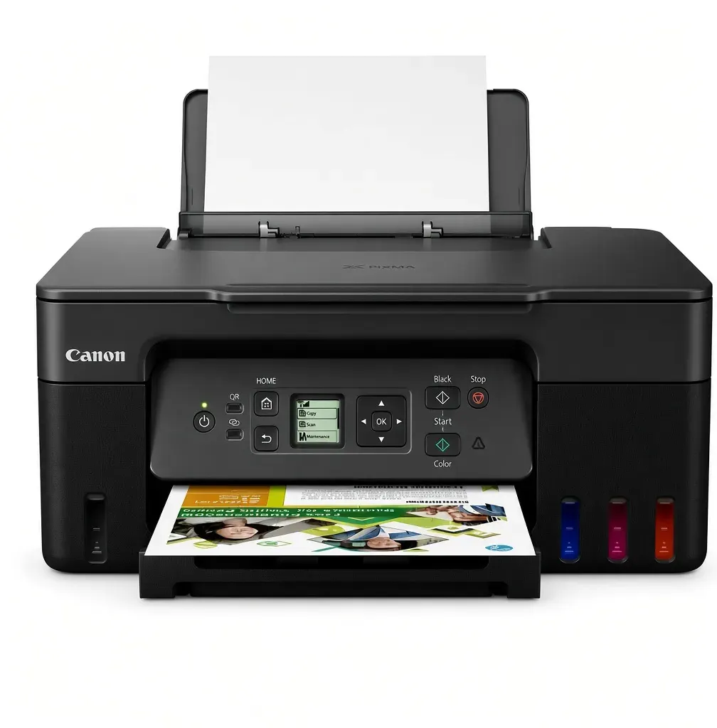 Impresora multifuncional Canon Pixma G3170 con tanques de tinta MegaTank visibles al frente, vista frontal