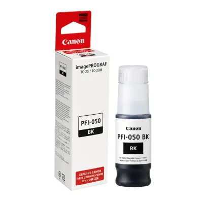 Caja y botella de tinta original Canon PFI-050 negra de 70 ml para plotters imagePROGRAF TC-20