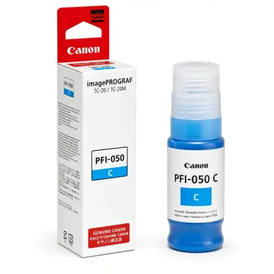 Caja y botella de tinta original Canon PFI-050 cian de 70 ml para plotters imagePROGRAF TC-20