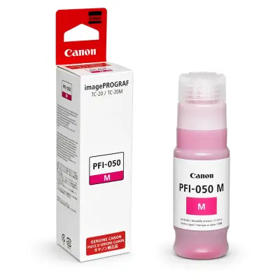 Caja y botella de tinta original Canon PFI-050 magenta de 70 ml para plotters imagePROGRAF TC-20