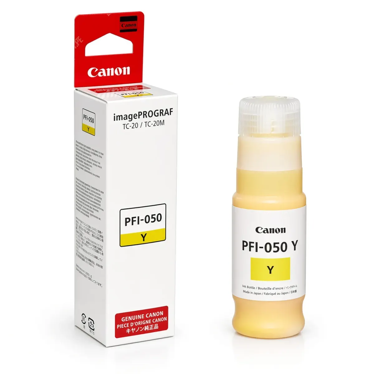 Caja y botella de tinta original Canon PFI-050 amarilla de 70 ml para plotters imagePROGRAF TC-20