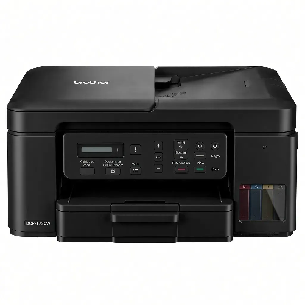 Impresora multifuncional Brother DCP-T730DW vista de frente sobre fondo blanco