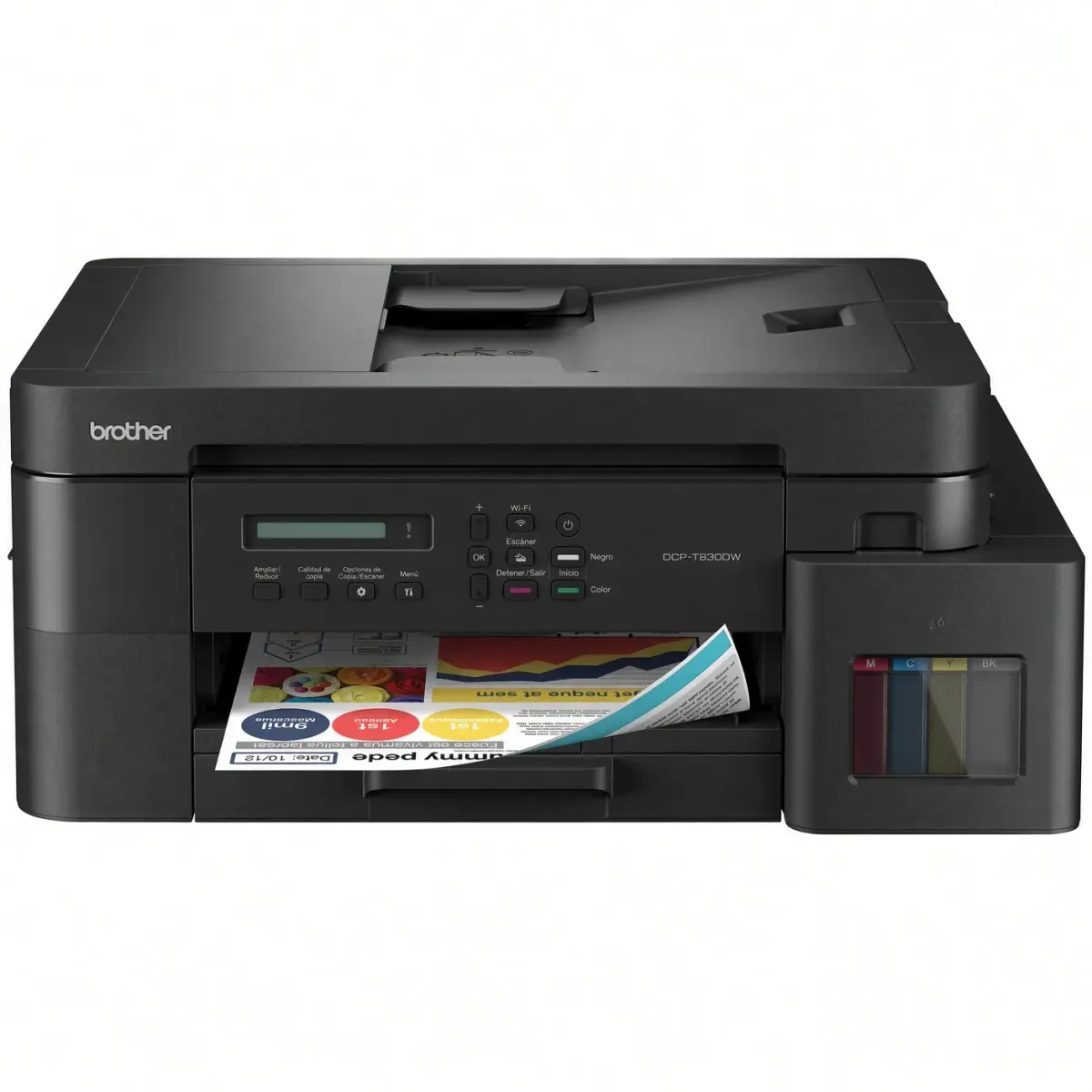 Impresora multifuncional Brother DCP-T830DW vista de frente sobre fondo blanco