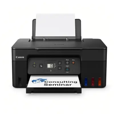 Impresora multifuncional Canon Pixma G2170 en ángulo de tres cuartos mostrando los tanques de tinta y la bandeja trasera