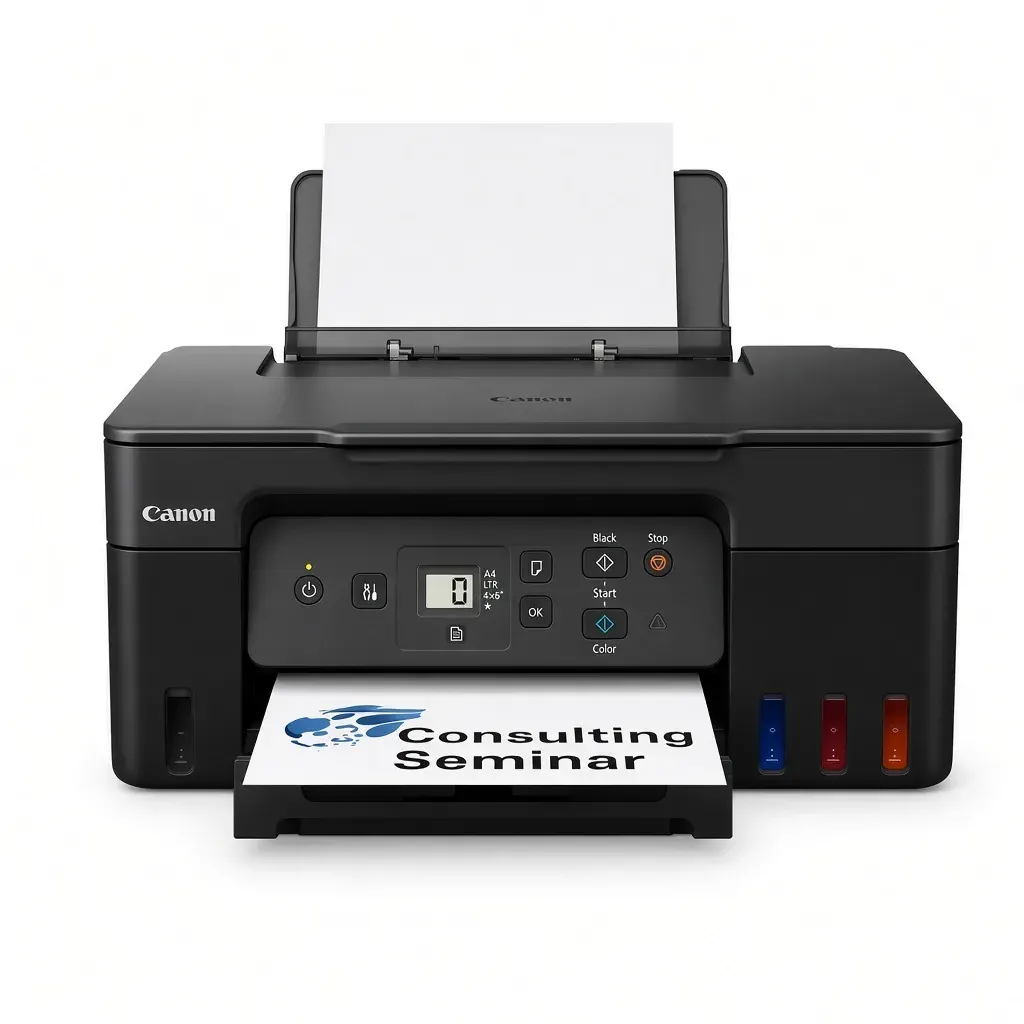 Impresora multifuncional Canon Pixma G2170 en ángulo de tres cuartos mostrando los tanques de tinta y la bandeja trasera