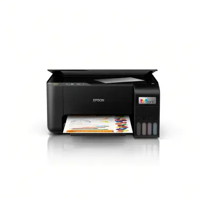 Impresora multifuncional Epson EcoTank L3210 vista de frente sobre fondo blanco