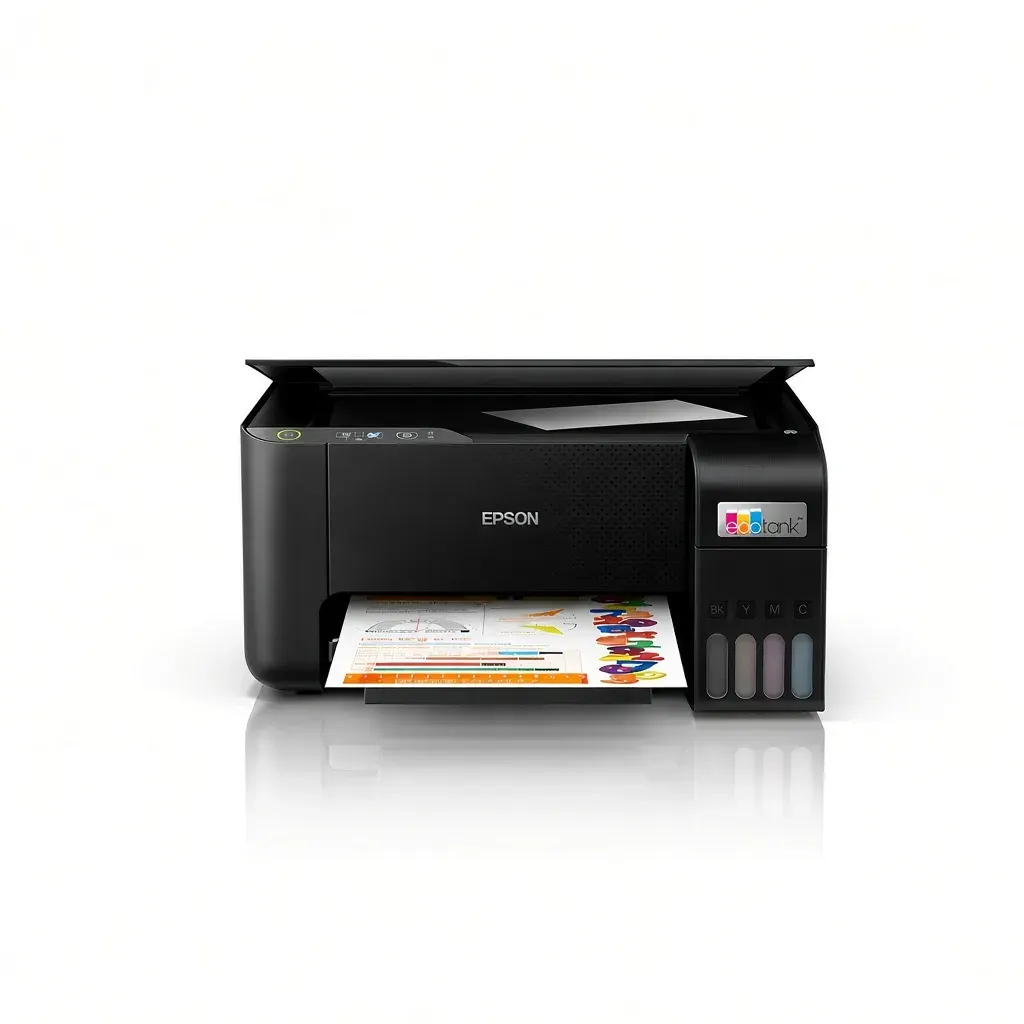 Impresora multifuncional Epson EcoTank L3210 vista de frente sobre fondo blanco