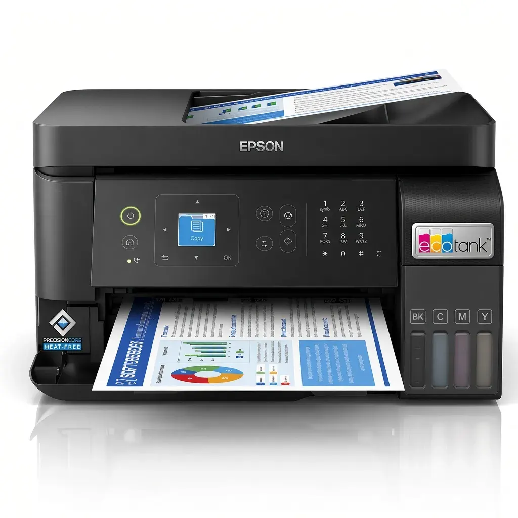 Impresora multifuncional Epson EcoTank L5590 vista de frente sobre fondo blanco