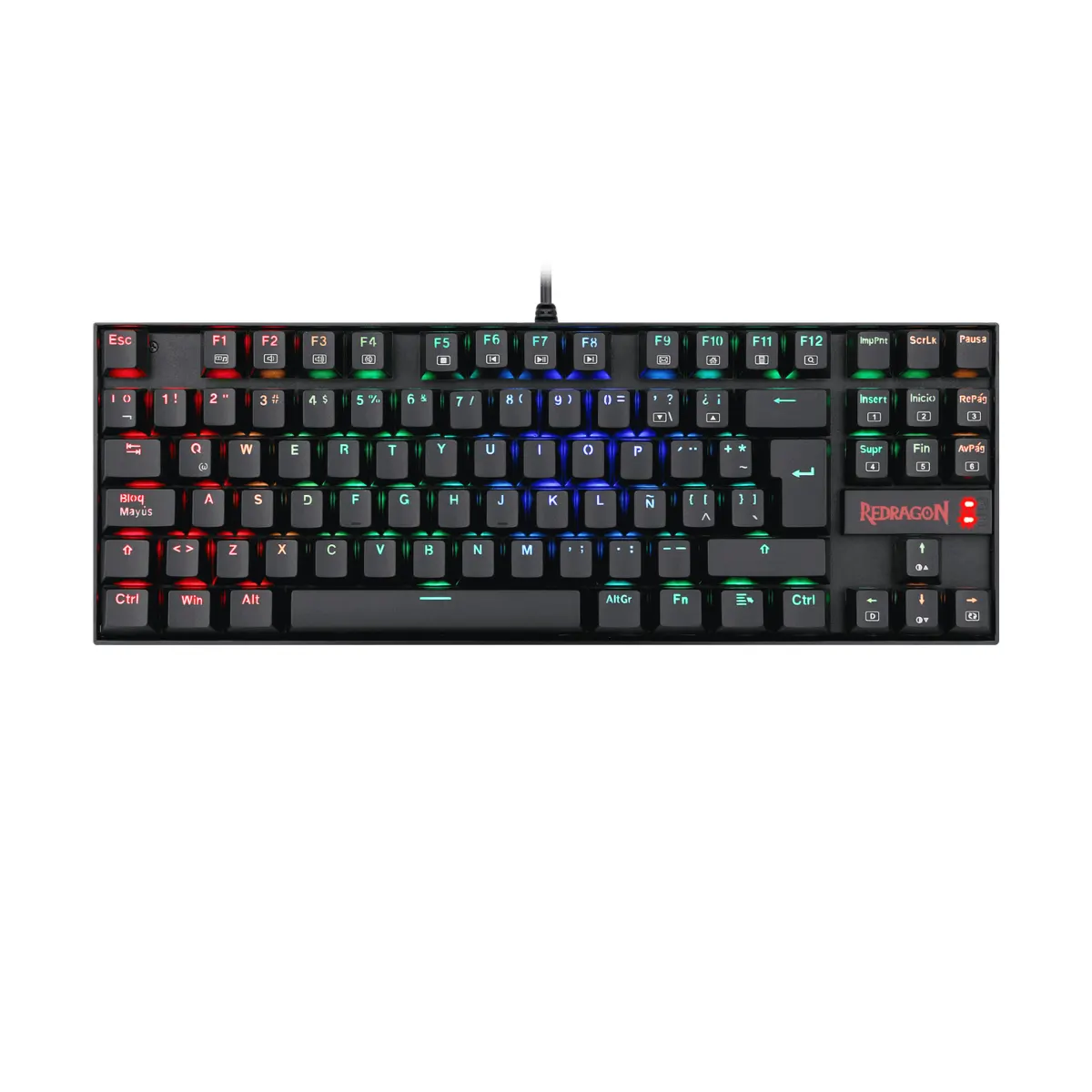 Teclado mecánico Redragon Kumara K552 negro visto desde arriba, completo y sin pad numérico, sobre fondo blanco