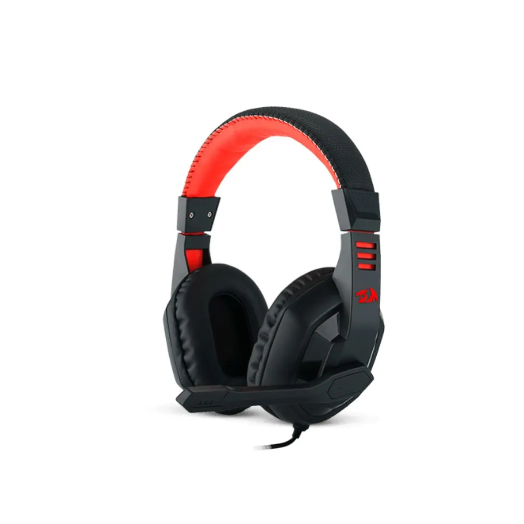 Diadema gamer Redragon Ares H120 negra vista de frente con el micrófono desplegado hacia abajo, sobre fondo blanco