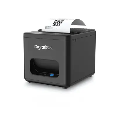 Impresora térmica Digital POS DIG-E200I negra en ángulo de tres cuartos, con un recibo impreso saliendo por la ranura superior, sobre fondo blanco