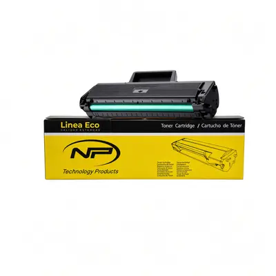 Cartucho de tóner Newprint Línea Eco compatible con HP 105A apoyado sobre su caja amarilla y negra, visto de frente