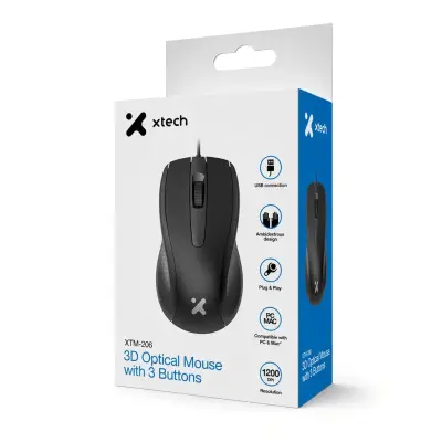 Empaque del mouse Xtech XTM-206 con el mouse visto desde arriba e íconos de conexión USB, diseño ambidiestro, Plug & Play, compatibilidad con PC y Mac y 1200 DPI