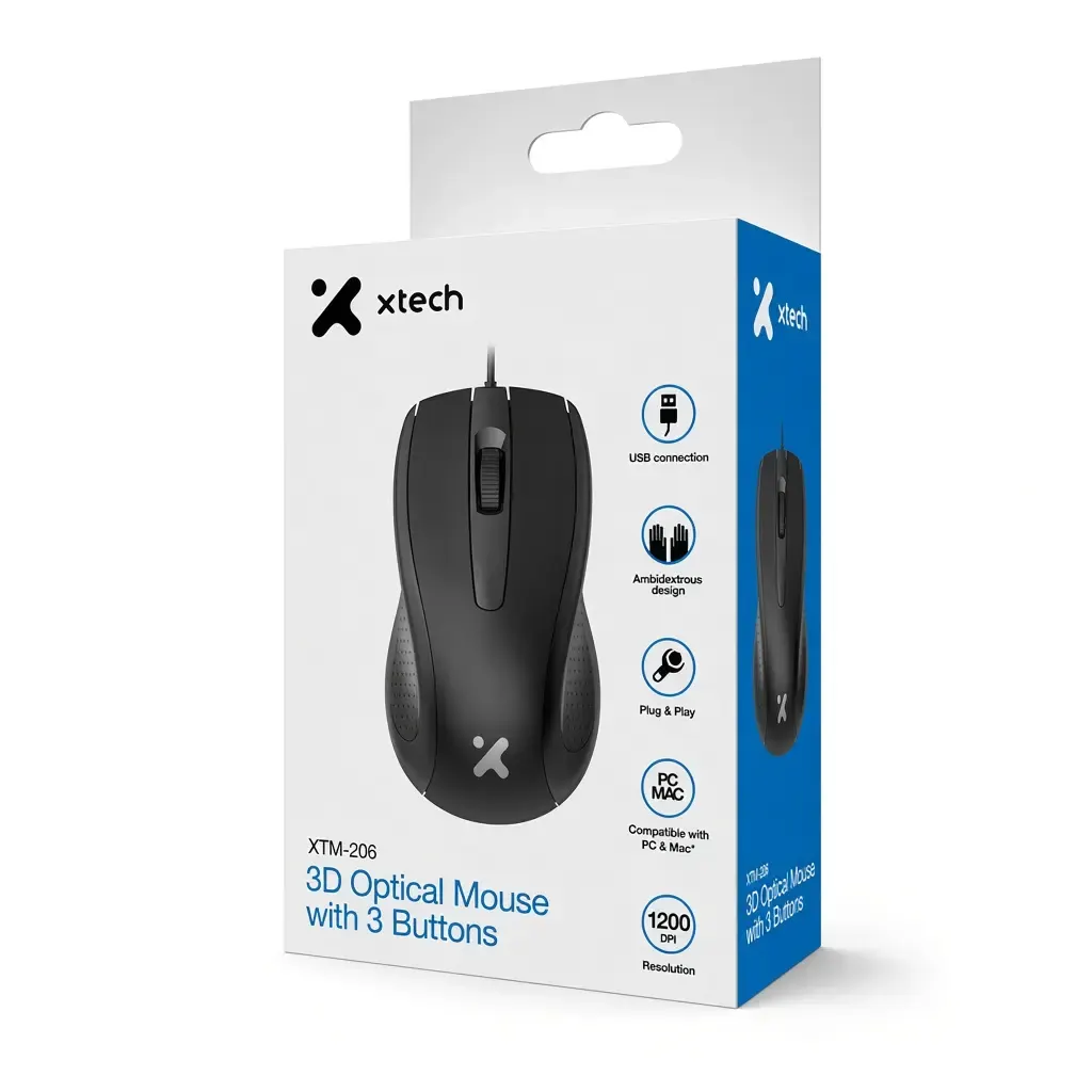 Empaque del mouse Xtech XTM-206 con el mouse visto desde arriba e íconos de conexión USB, diseño ambidiestro, Plug & Play, compatibilidad con PC y Mac y 1200 DPI