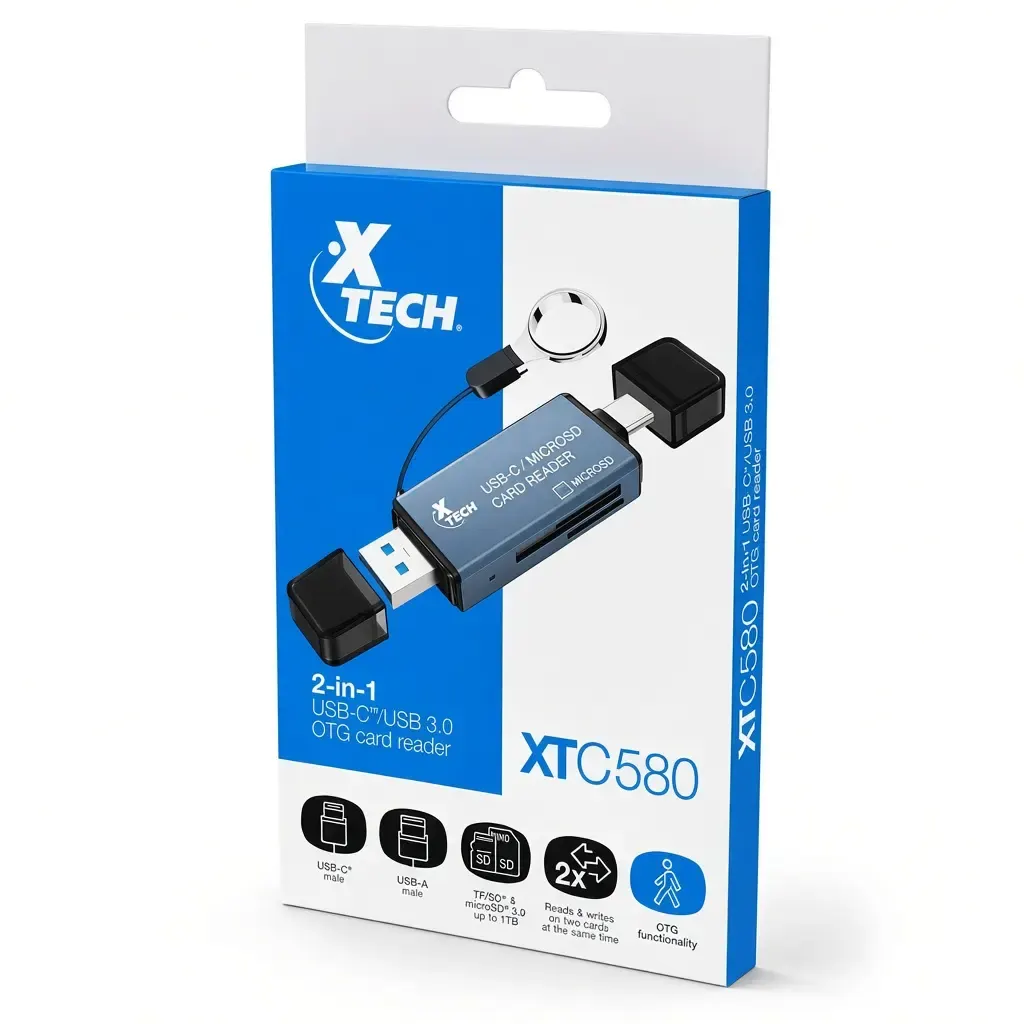 Empaque de un lector de tarjetas 2 en 1 color azul grisáceo con conectores USB-C y USB-A, dos tapas protectoras y un llavero