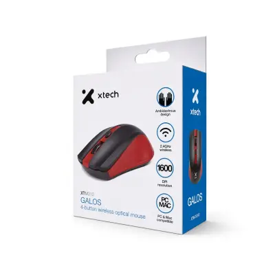 Empaque de un mouse inalámbrico negro con detalles rojos e íconos de diseño ambidiestro, conexión de 2,4 GHz, 1600 DPI y compatibilidad con PC y Mac