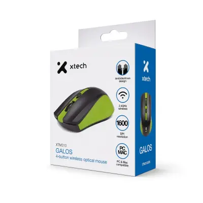Empaque de un mouse inalámbrico negro con detalles verdes e íconos de diseño ambidiestro, conexión de 2,4 GHz, 1600 DPI y compatibilidad con PC y Mac