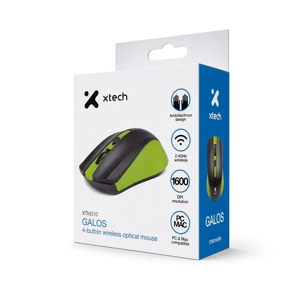 Empaque de un mouse inalámbrico negro con detalles verdes e íconos de diseño ambidiestro, conexión de 2,4 GHz, 1600 DPI y compatibilidad con PC y Mac