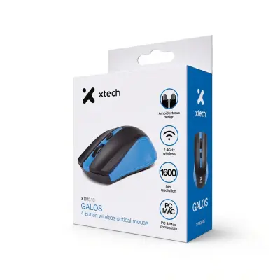 Empaque de un mouse inalámbrico negro con detalles azul e íconos de diseño ambidiestro, conexión de 2,4 GHz, 1600 DPI y compatibilidad con PC y Mac