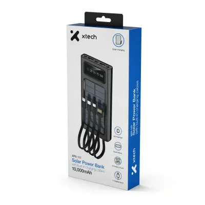 Empaque del power bank solar Xtech XPB-100 de 10.000 mAh con cables de carga integrados