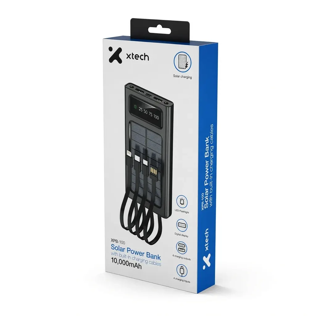 Empaque del power bank solar Xtech XPB-100 de 10.000 mAh con cables de carga integrados