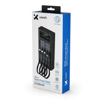 Empaque de un power bank solar negro de 20.000 mAh con cables de carga integrados