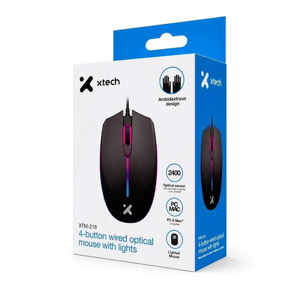 Empaque del mouse Xtech XTM-218 con íconos de diseño ambidiestro, sensor de 2400 DPI, compatibilidad con PC y Mac y mouse iluminado