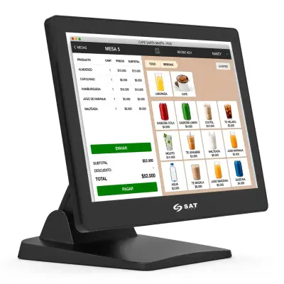 Computador todo en uno POS SAT N140 negro en ángulo, con la pantalla táctil encendida y base de soporte