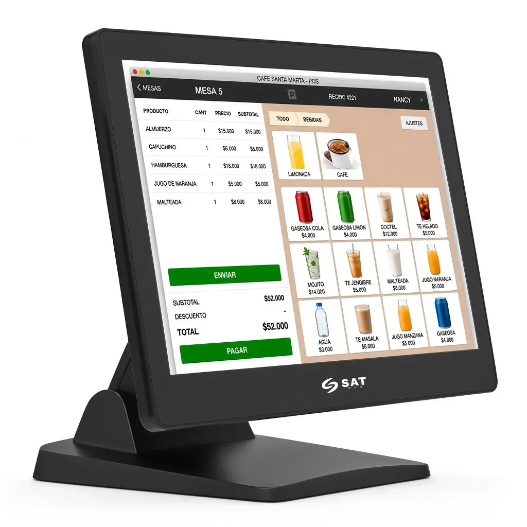 Computador todo en uno POS SAT N140 negro en ángulo, con la pantalla táctil encendida y base de soporte