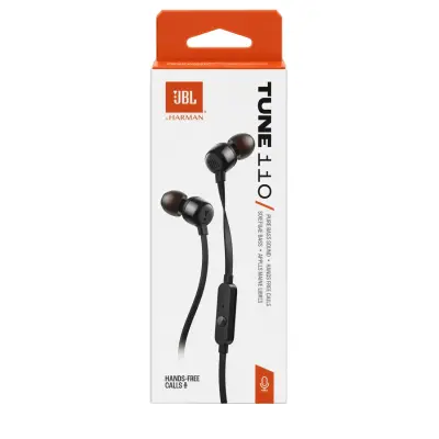 Caja de los audífonos JBL Tune 110 con sonido Pure Bass y llamadas manos libres