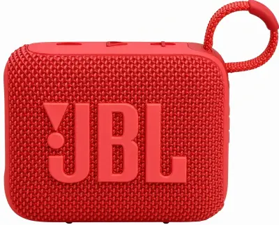 Parlante JBL Go 4 rojo visto de frente, con el logotipo JBL en relieve y el asa de tela