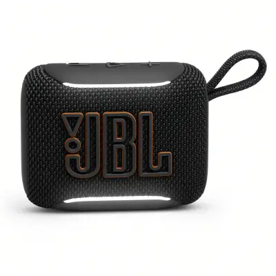 Parlante JBL Go 5 negro visto de frente, con el logotipo JBL contorneado en naranja y el asa de tela