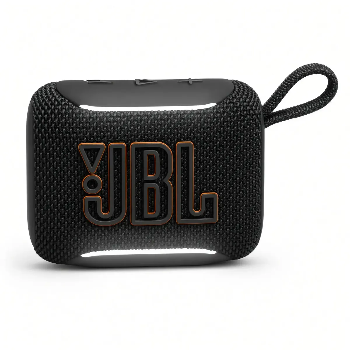 Parlante JBL Go 5 negro visto de frente, con el logotipo JBL contorneado en naranja y el asa de tela