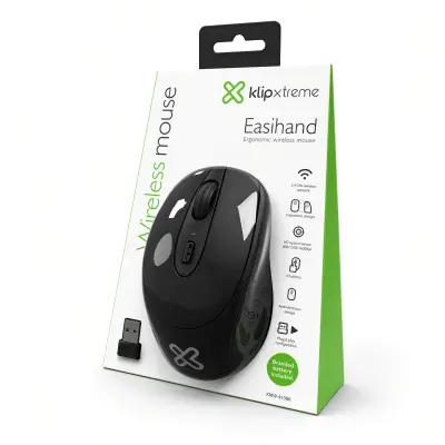 Caja del mouse inalámbrico ergonómico Klip Xtreme Easihand KMW-410BK con su receptor USB