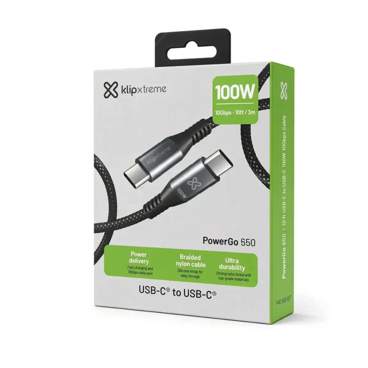 Caja del cable USB-C a USB-C Klip Xtreme PowerGo 650 de 100 W, 10 Gbps y 3 metros