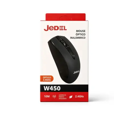 16565-3.jpg — Caja del mouse JeDEL W450 con la referencia del modelo y el alcance de 10 metros impresos al frente