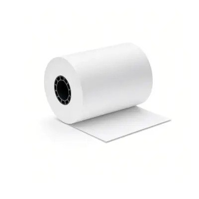 Rollo de papel blanco con tubo central negro y la punta del papel desenrollada