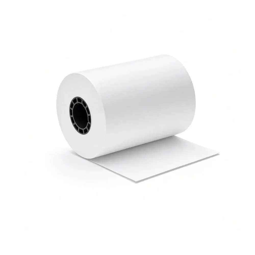 Rollo de papel blanco con tubo central negro y la punta del papel desenrollada