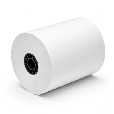 Rollo de papel blanco grueso con tubo central negro, visto en ángulo sobre fondo blanco