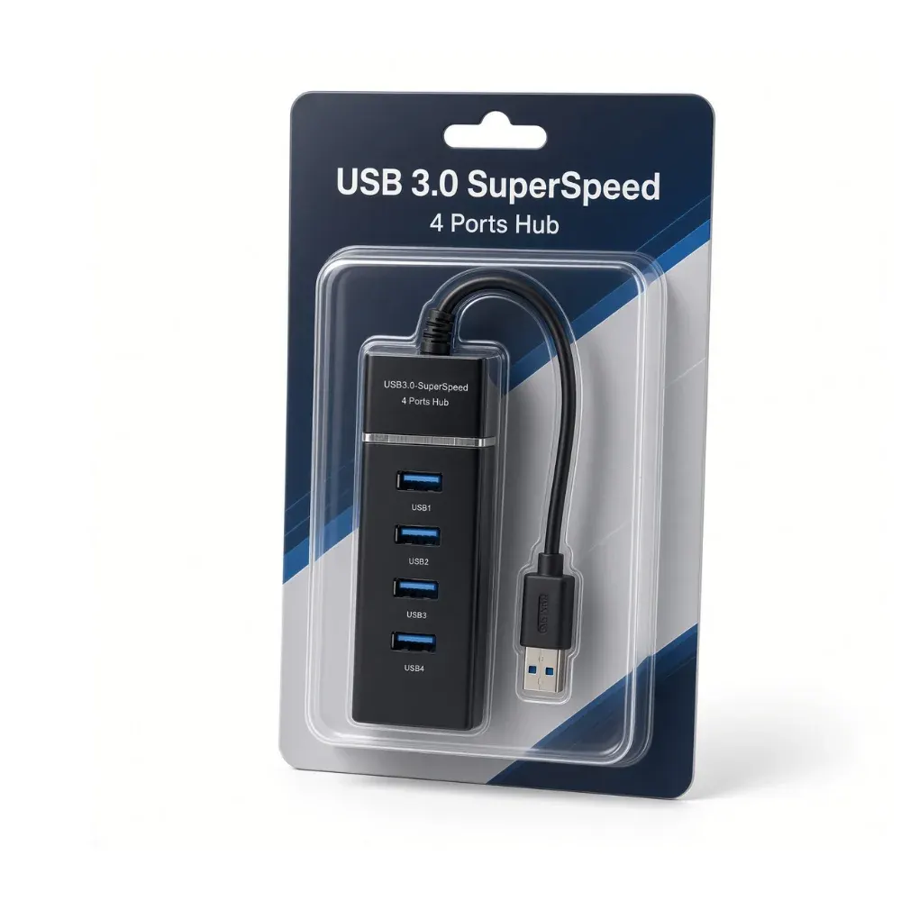 Hub USB negro vertical con cuatro puertos azules y cable con conector USB-A, dentro de un blíster azul y gris