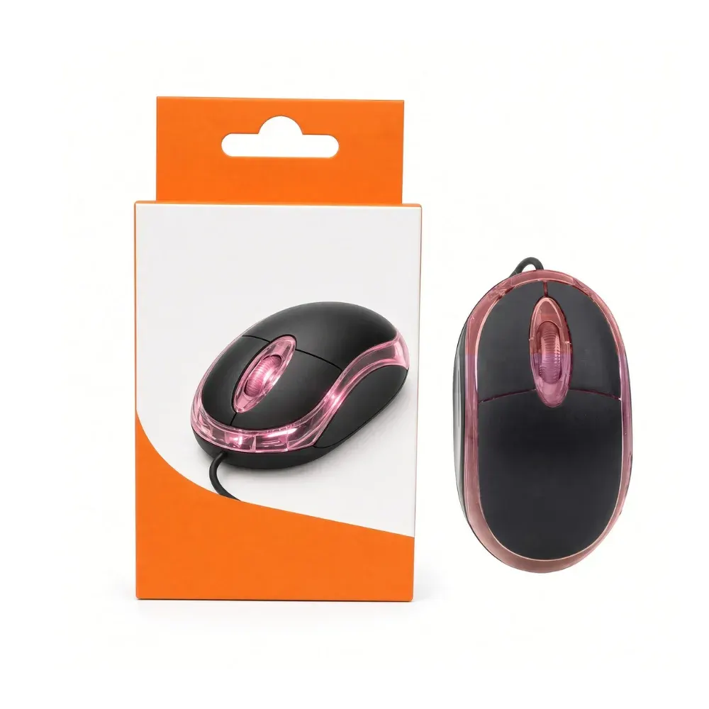 Mouse negro con borde transparente iluminado en rosado junto a su caja naranja y blanca
