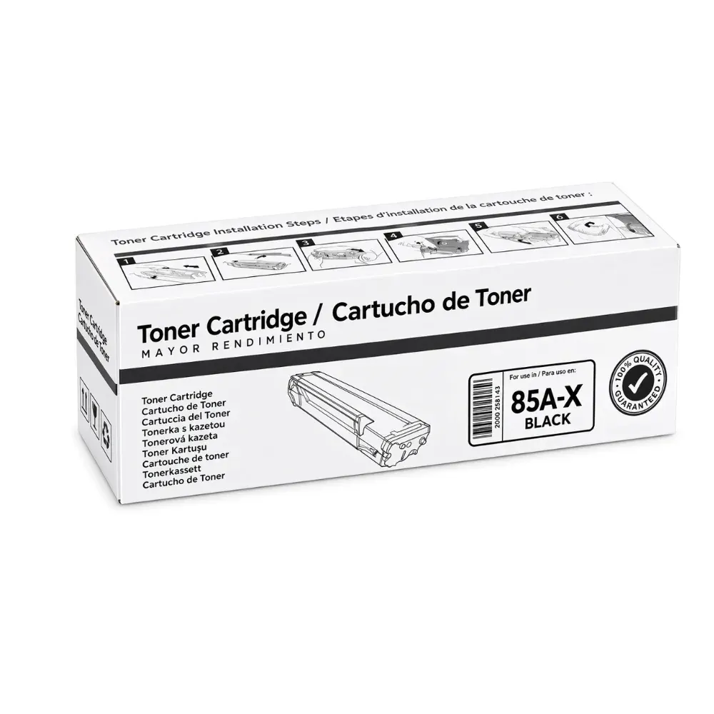 Caja blanca de tóner con pasos de instalación dibujados arriba y etiqueta 85A-X Black al costado