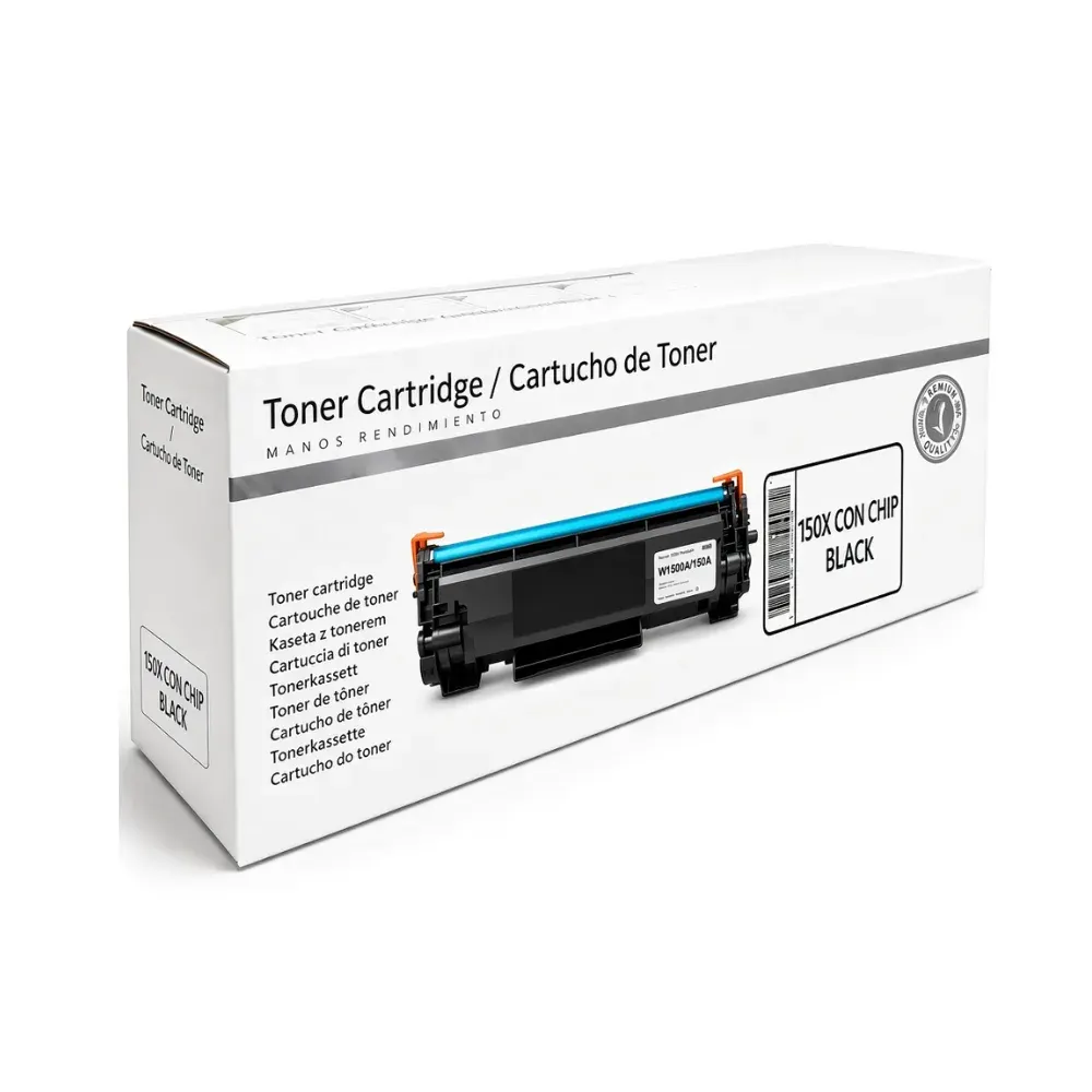 Caja blanca de tóner con un cartucho negro y azul dibujado al frente y etiqueta 150X con chip