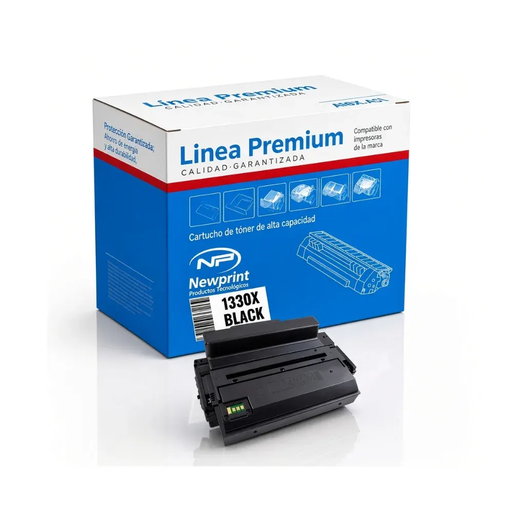 Cartucho de tóner negro con chip a la vista, delante de su caja azul y blanca Línea Premium de Newprint