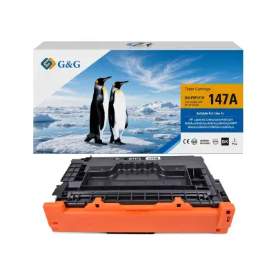 Cartucho de tóner negro con protector naranja, debajo de su caja G&G con dos pingüinos en el hielo