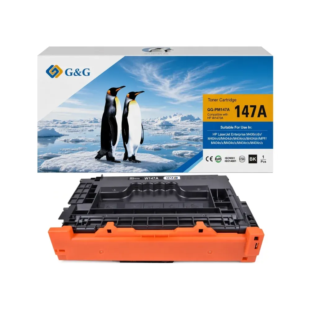 Cartucho de tóner negro con protector naranja, debajo de su caja G&G con dos pingüinos en el hielo