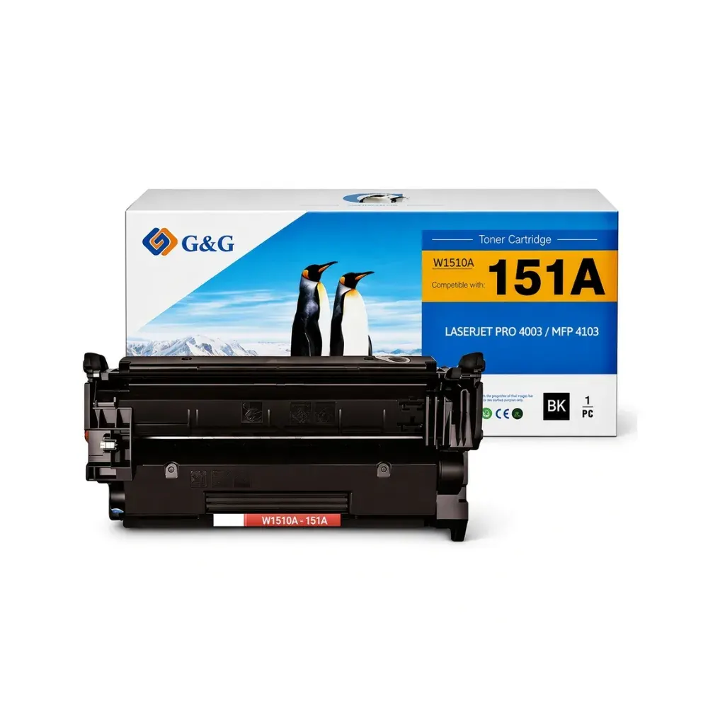 Cartucho de tóner negro con etiqueta roja W1510A, delante de su caja G&G con dos pingüinos