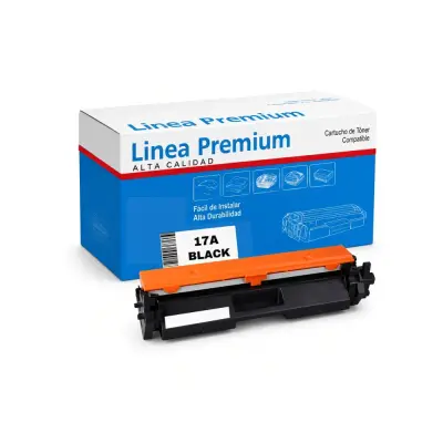 Cartucho de tóner negro con tapa naranja, delante de su caja azul y blanca Línea Premium con etiqueta 17A Black