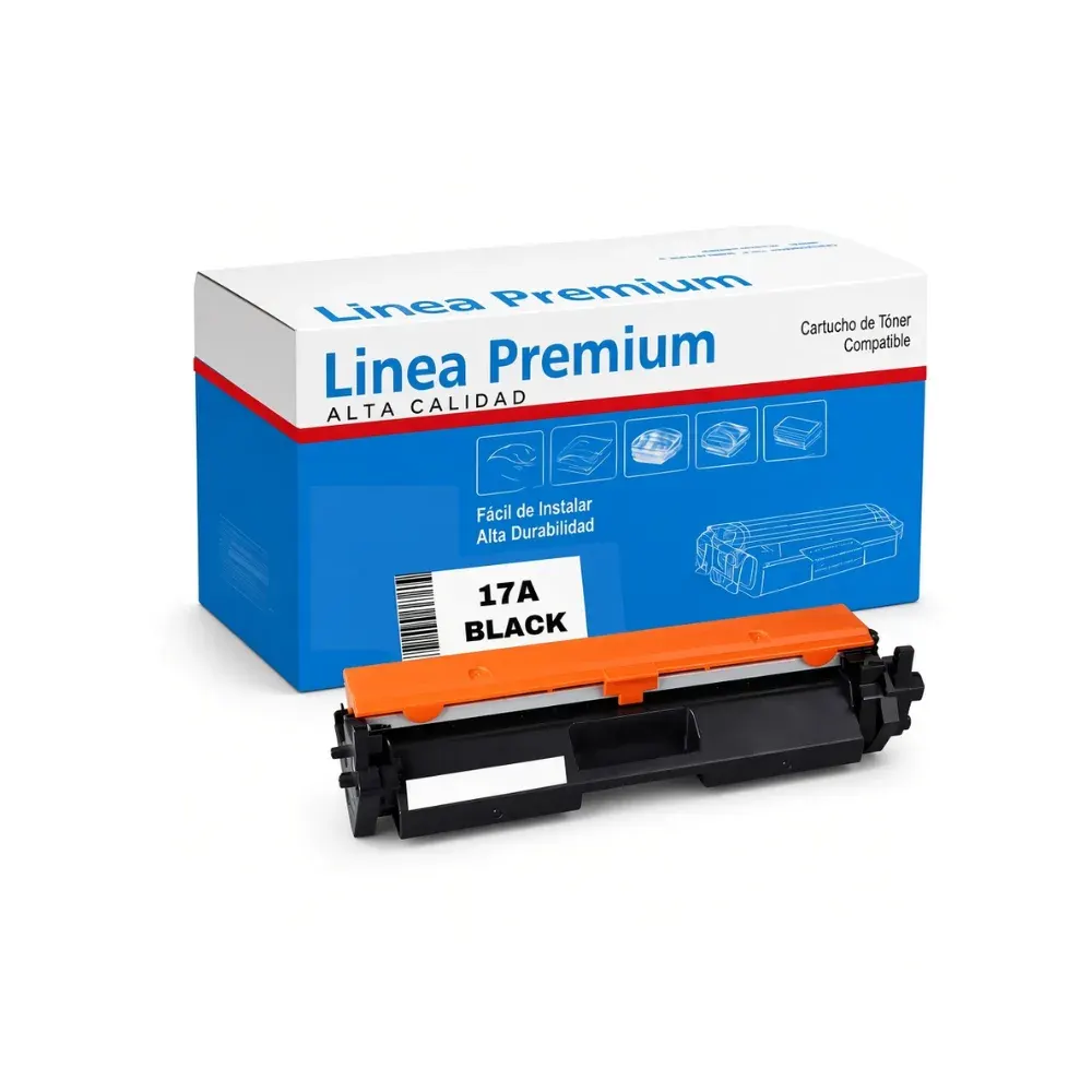 Cartucho de tóner negro con tapa naranja, delante de su caja azul y blanca Línea Premium con etiqueta 17A Black