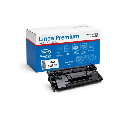 Cartucho de tóner negro delante de su caja azul y blanca Línea Premium de NewPrint con etiqueta 26A Black